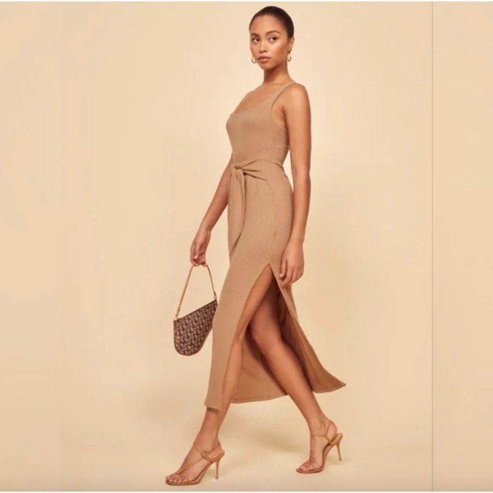 Reformation Hosby Dress Tan Ribbed Knit Sleeveless Maxi Dress Size Large